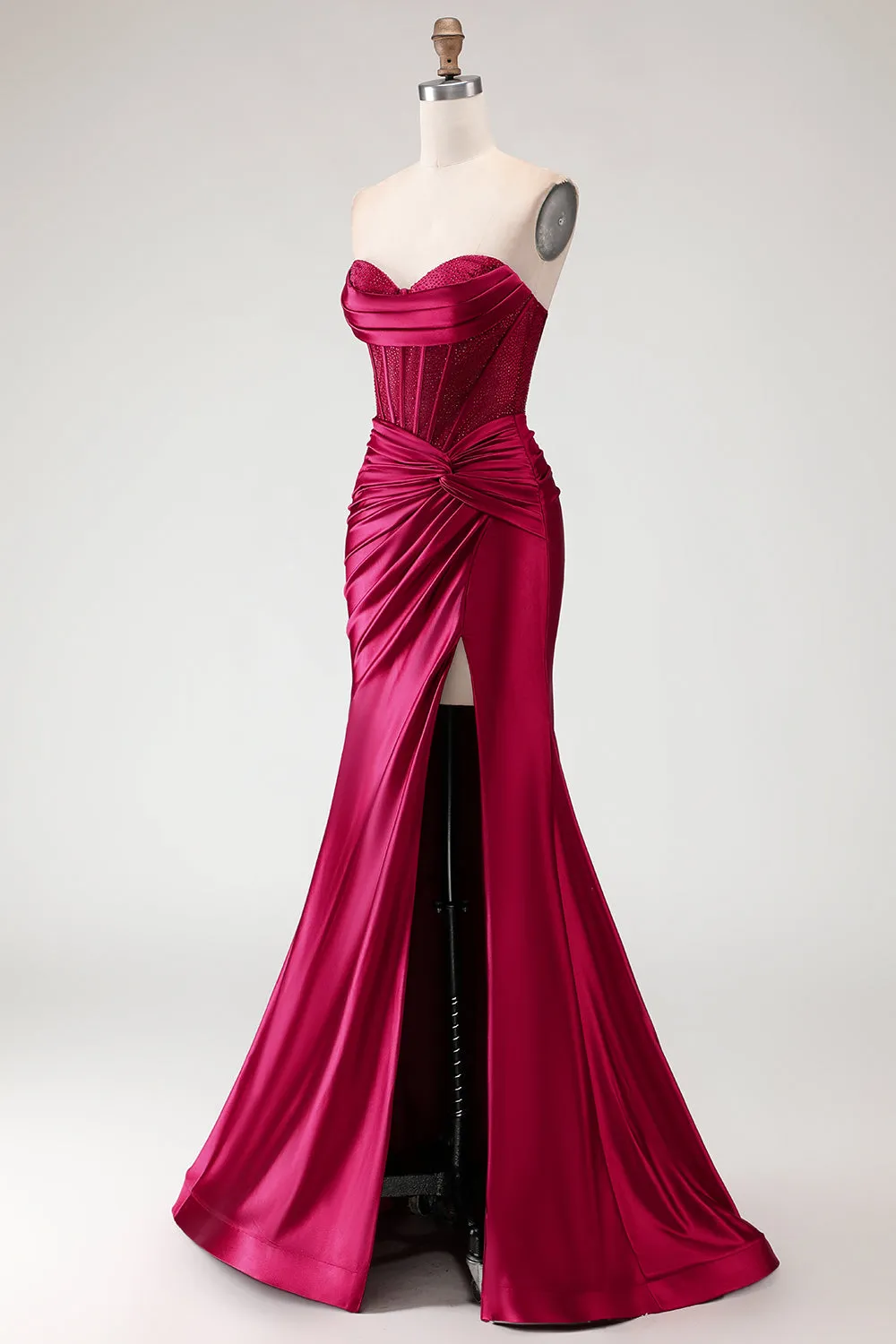 Burgundy Mermaid Sweetheart Beaded Corset Ruched Long Prom Dress with Slit sold by Zapaka product image thumbnail 3
