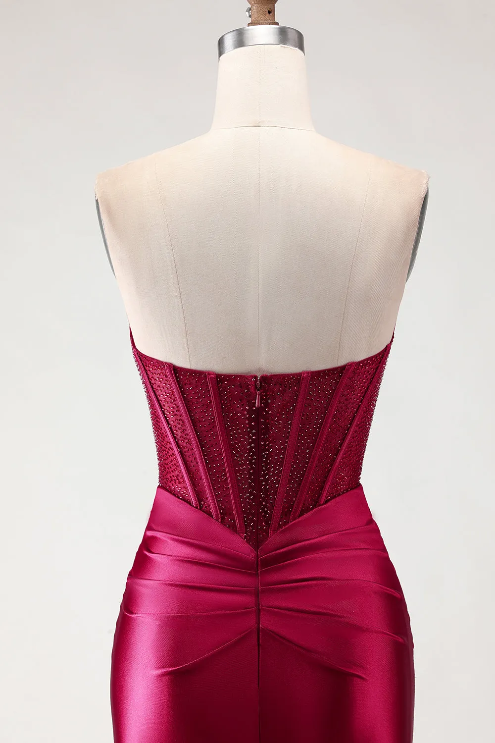 Burgundy Mermaid Sweetheart Beaded Corset Ruched Long Prom Dress with Slit sold by Zapaka product image thumbnail 5