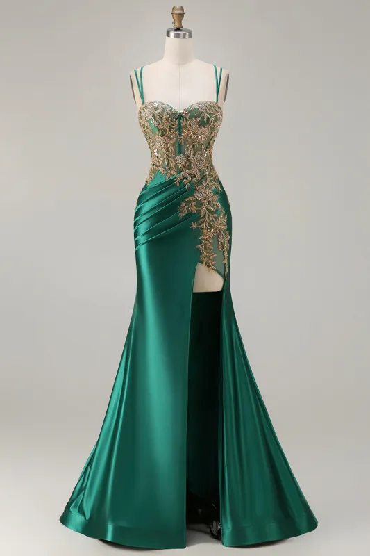 Dark Green Mermaid Beaded Lace Up Back Sequin Long Prom Dress with Slit sold by Zapaka