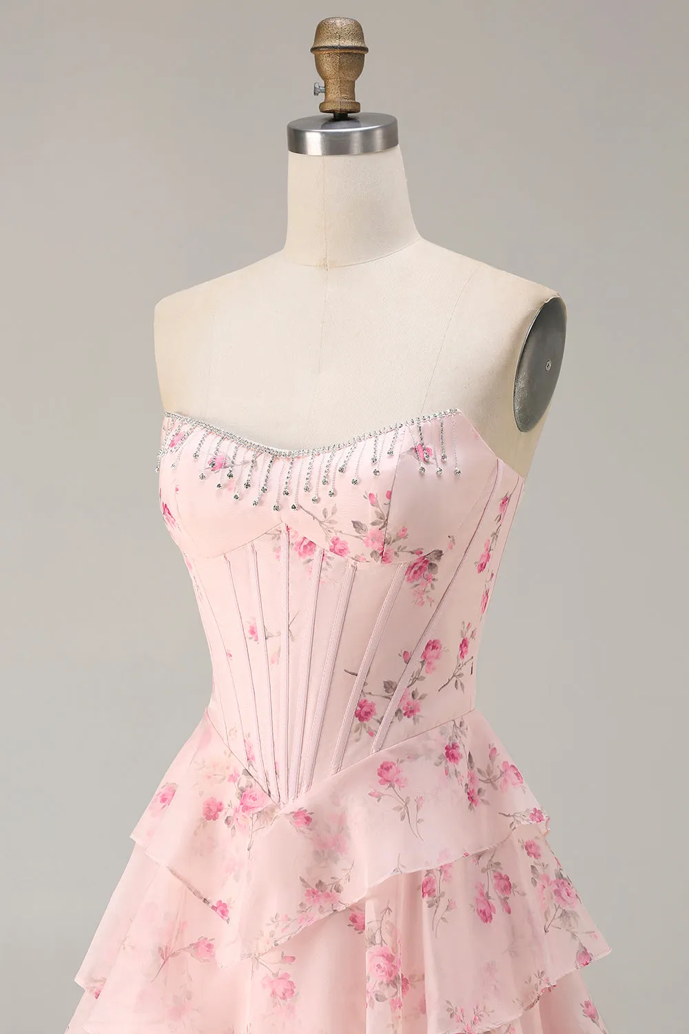 Strapless Pink A Line Tiered Ruffle Corset Floral Long Prom Dress with Slit sold by Zapaka product image thumbnail 4