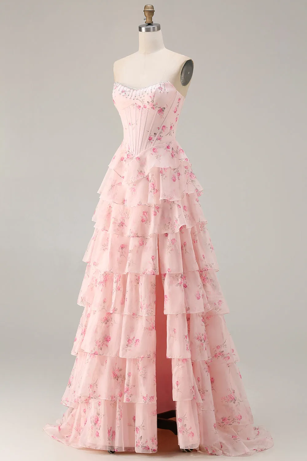 Strapless Pink A Line Tiered Ruffle Corset Floral Long Prom Dress with Slit sold by Zapaka product image thumbnail 3