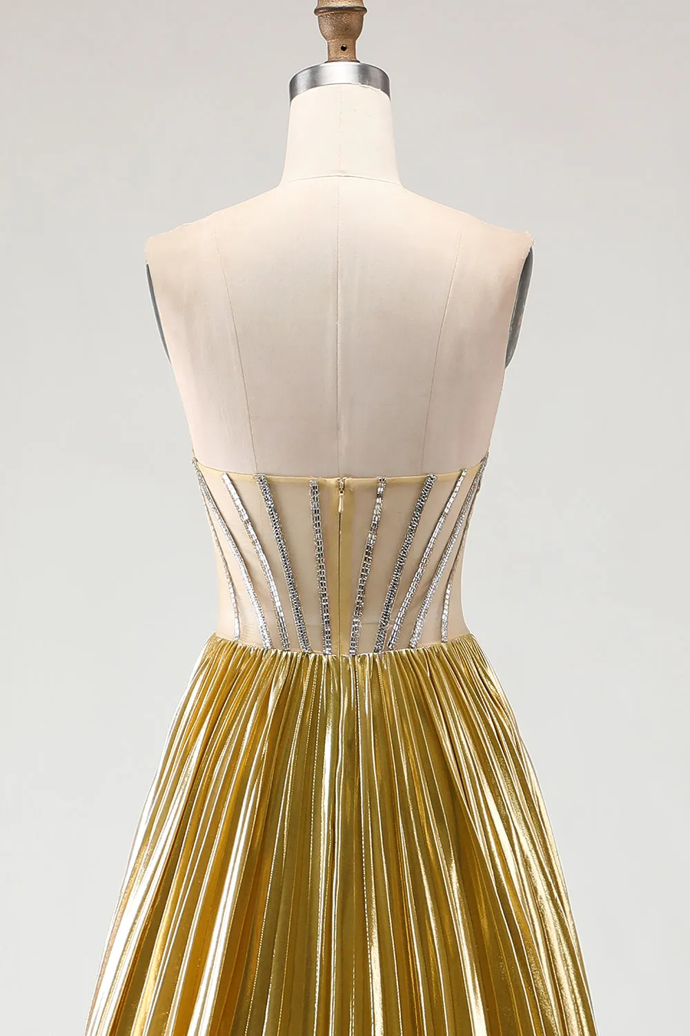 Metallic Golden Strapless Pleated A-Line Beaded Corset Long Prom Dress with Slit sold by Zapaka product image thumbnail 5