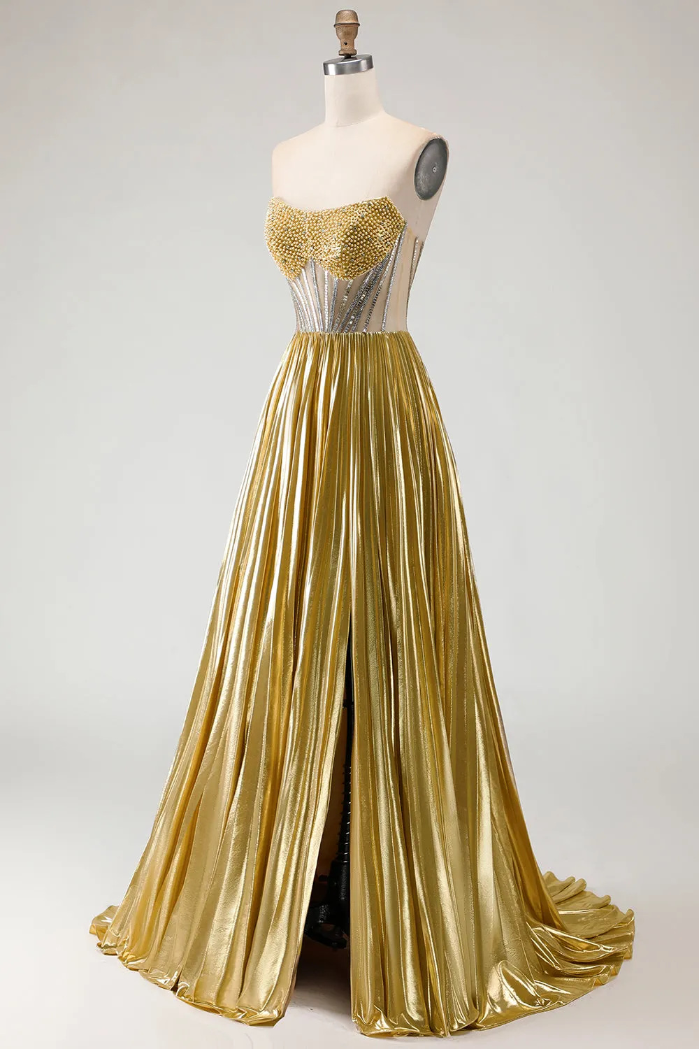 Metallic Golden Strapless Pleated A-Line Beaded Corset Long Prom Dress with Slit sold by Zapaka product image thumbnail 3