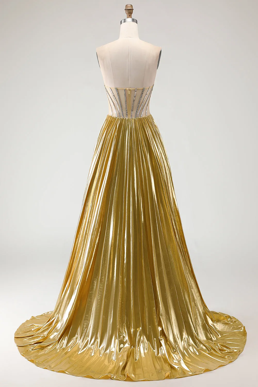 Metallic Golden Strapless Pleated A-Line Beaded Corset Long Prom Dress with Slit sold by Zapaka product image thumbnail 2