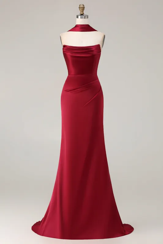 Burgundy Strapless Mermaid Satin Convertible Long Prom Dress with Streamer sold by Zapaka