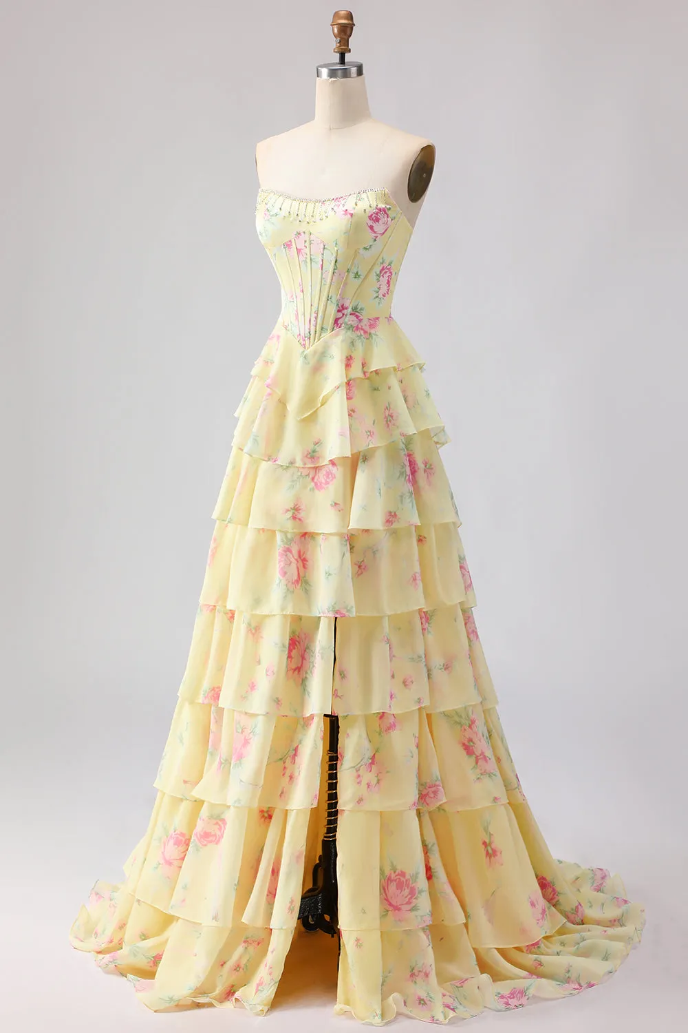 Yellow Strapless A-line Corset Bodice Floral Long Prom Dress with Chiffon Ruffle Skirt sold by Zapaka product image thumbnail 3