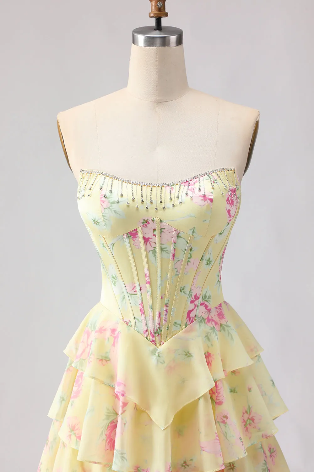 Yellow Strapless A-line Corset Bodice Floral Long Prom Dress with Chiffon Ruffle Skirt sold by Zapaka product image thumbnail 4