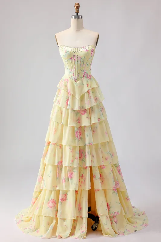 Yellow Strapless A-line Corset Bodice Floral Long Prom Dress with Chiffon Ruffle Skirt sold by Zapaka