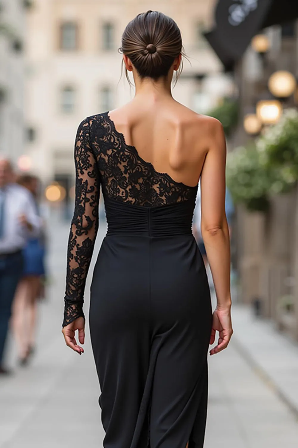 Black One Shoulder Sheath Ruched Midi Mother of the Bride Dress with Slit sold by Zapaka product image thumbnail 4