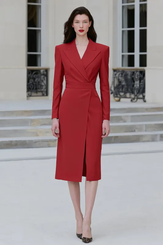 Red Sheath Peak Lapel Midi Work Dress with Slit sold by Zapaka