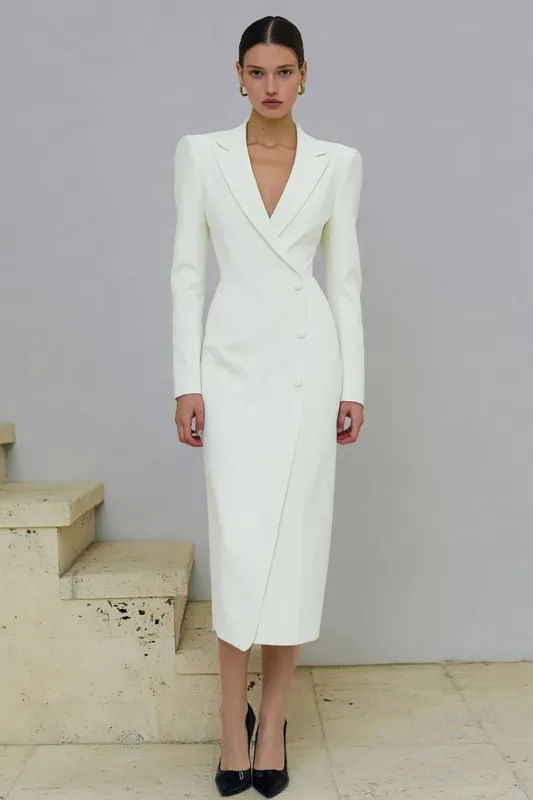 Ivory Notched Lapel Single-breasted Work Dress sold by Zapaka