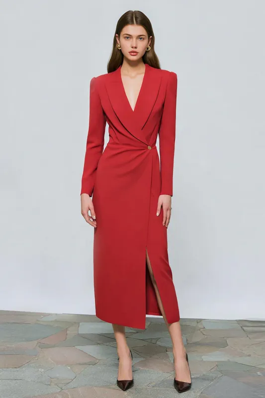 Red Peak Lapel Sheath Long Sleeve Work Dress with Slit sold by Zapaka