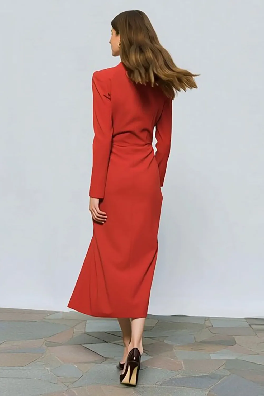 Red Peak Lapel Sheath Long Sleeve Work Dress with Slit sold by Zapaka product image thumbnail 2