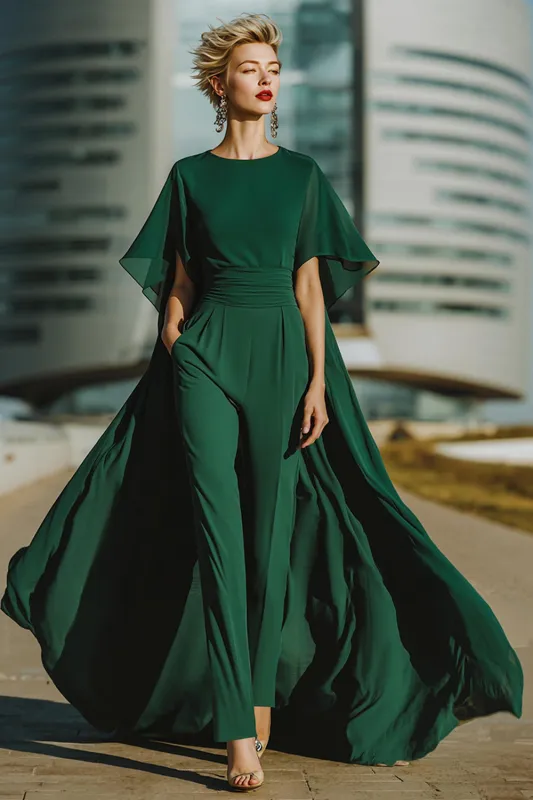 Dark Green Round Neck Long Mother of the Bride Jumpsuits with Pockets sold by Zapaka