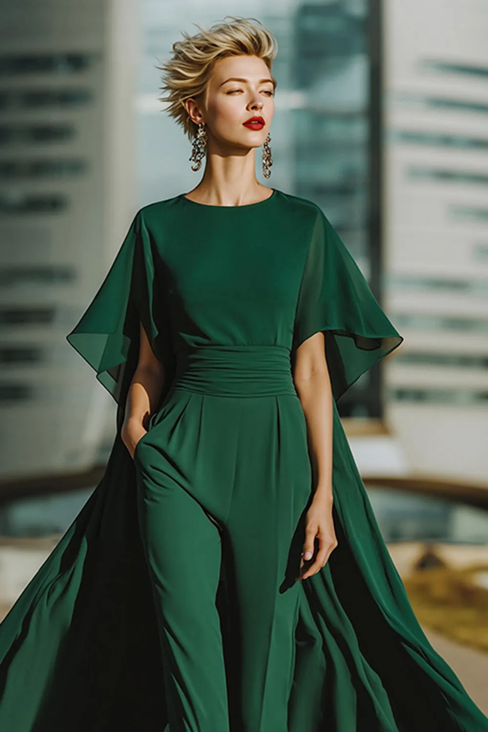 Dark Green Round Neck Long Mother of the Bride Jumpsuits with Pockets sold by Zapaka product image thumbnail 3