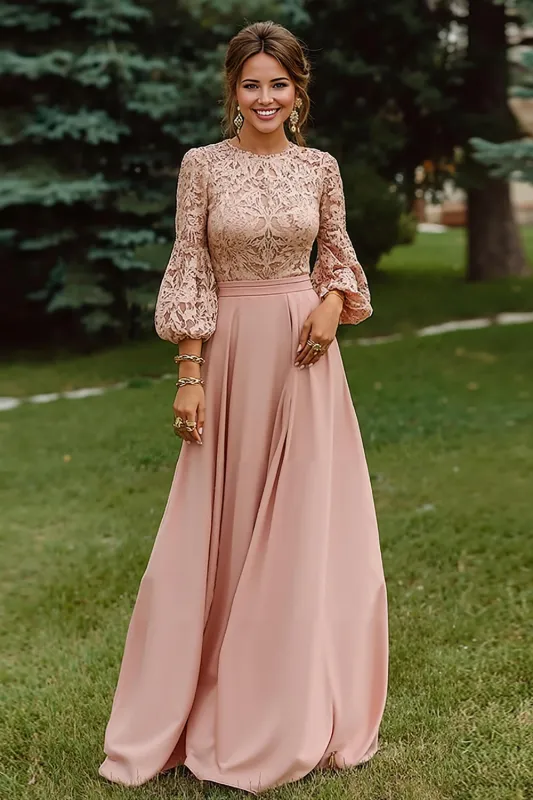 Dusty Rose A-Line Lace Long Mother of the Bride Dress with 3/4 Sleeves sold by Zapaka