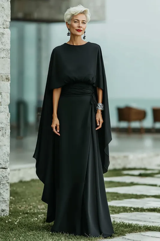 Black A-Line Round Neck Long Mother of the Bride Dress sold by Zapaka
