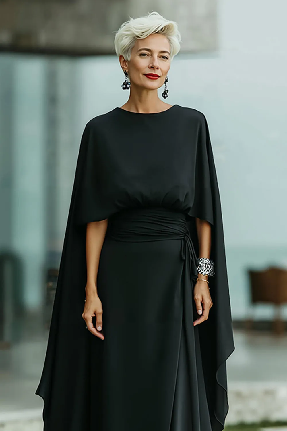 Black A-Line Round Neck Long Mother of the Bride Dress sold by Zapaka product image thumbnail 2