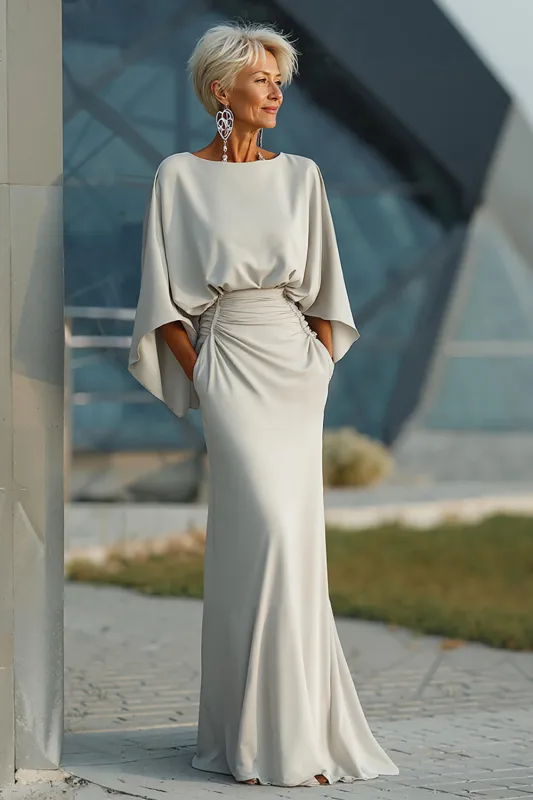 Silver Sheath 3/4 Sleeves Long Mother of the Bride Dress with Pockets sold by Zapaka