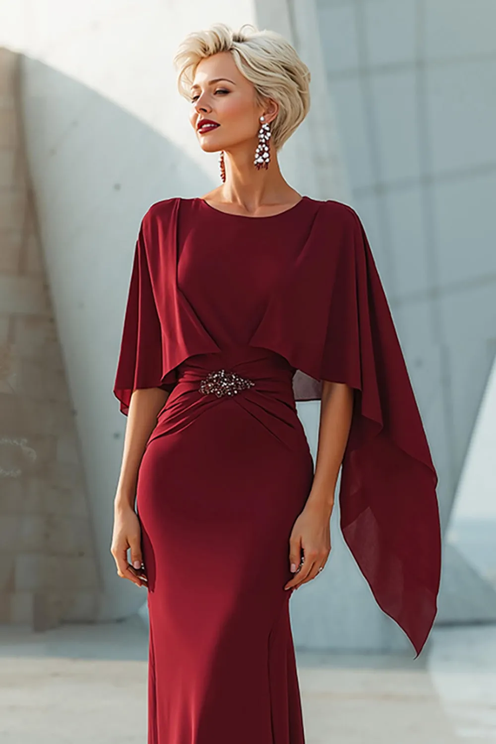 Burgundy Mermaid Round Neck Long Mother of the Bride Dress with Back Slit sold by Zapaka product image thumbnail 3