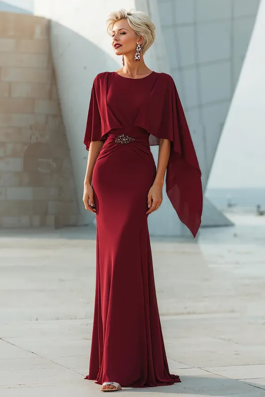 Burgundy Mermaid Round Neck Long Mother of the Bride Dress with Back Slit sold by Zapaka