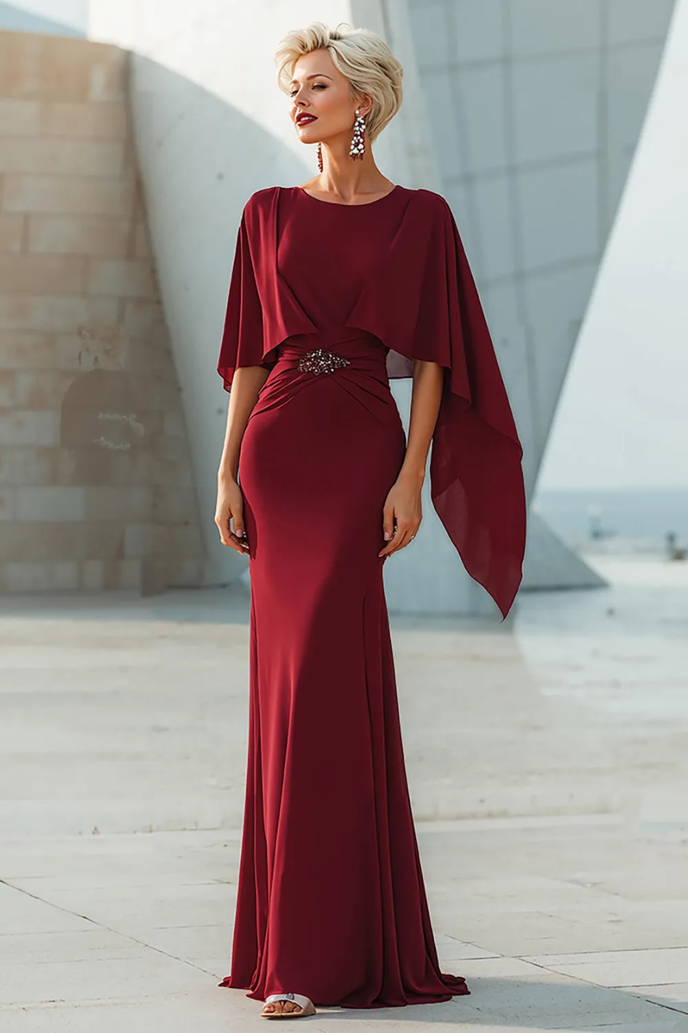 Burgundy Mermaid Round Neck Long Mother of the Bride Dress with Back Slit sold by Zapaka
