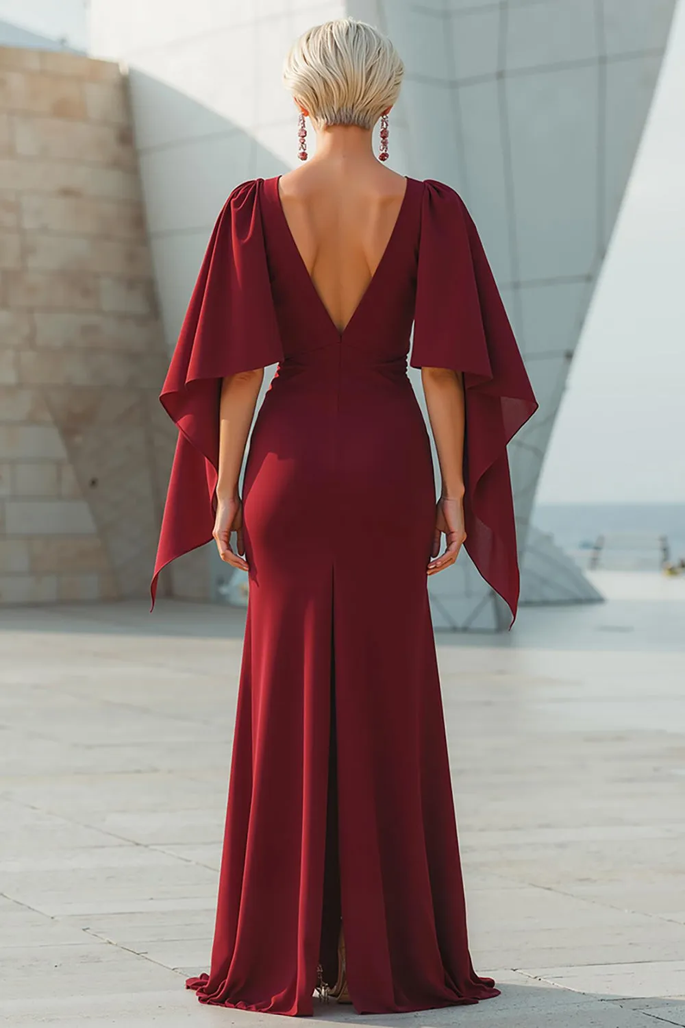 Burgundy Mermaid Round Neck Long Mother of the Bride Dress with Back Slit sold by Zapaka product image thumbnail 2