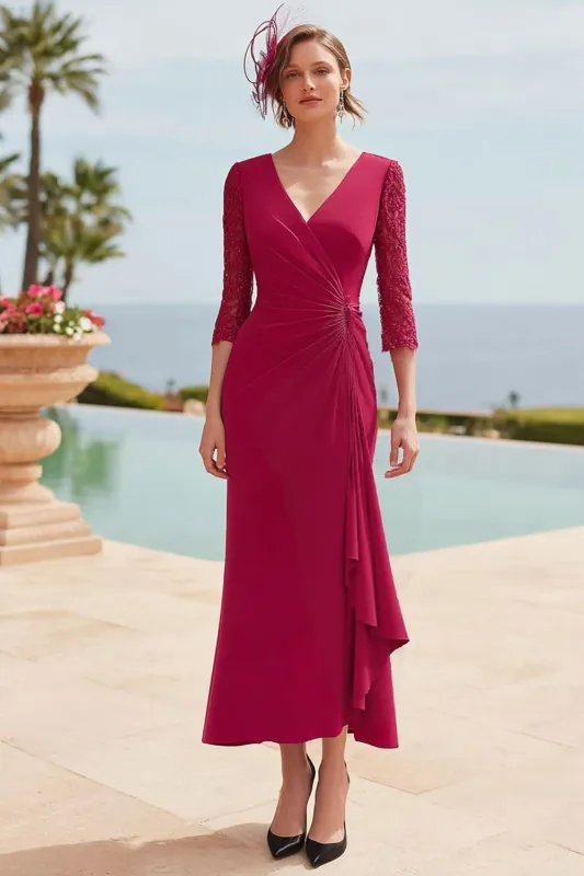 Dark Red V-Neck Midi Ruffled Mermaid Mother of the Bride Dress sold by Zapaka