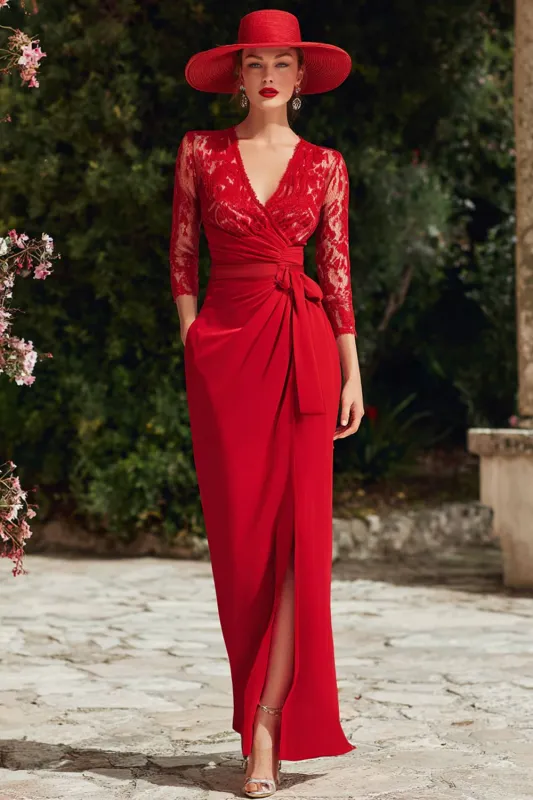 Red Long V-Neck Sheath Appliqued Mother of the Bride Dress with Slit sold by Zapaka