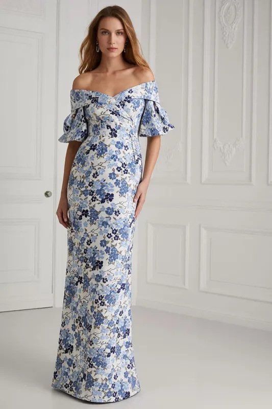 Blue Flower Off the Shoulder Short Sleeves Sheath Long Mother of the Bride Dress sold by Zapaka