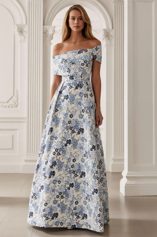 Blue Flower Off the Shoulder A-Line Long Mother of the Bride Dress sold by Zapaka
