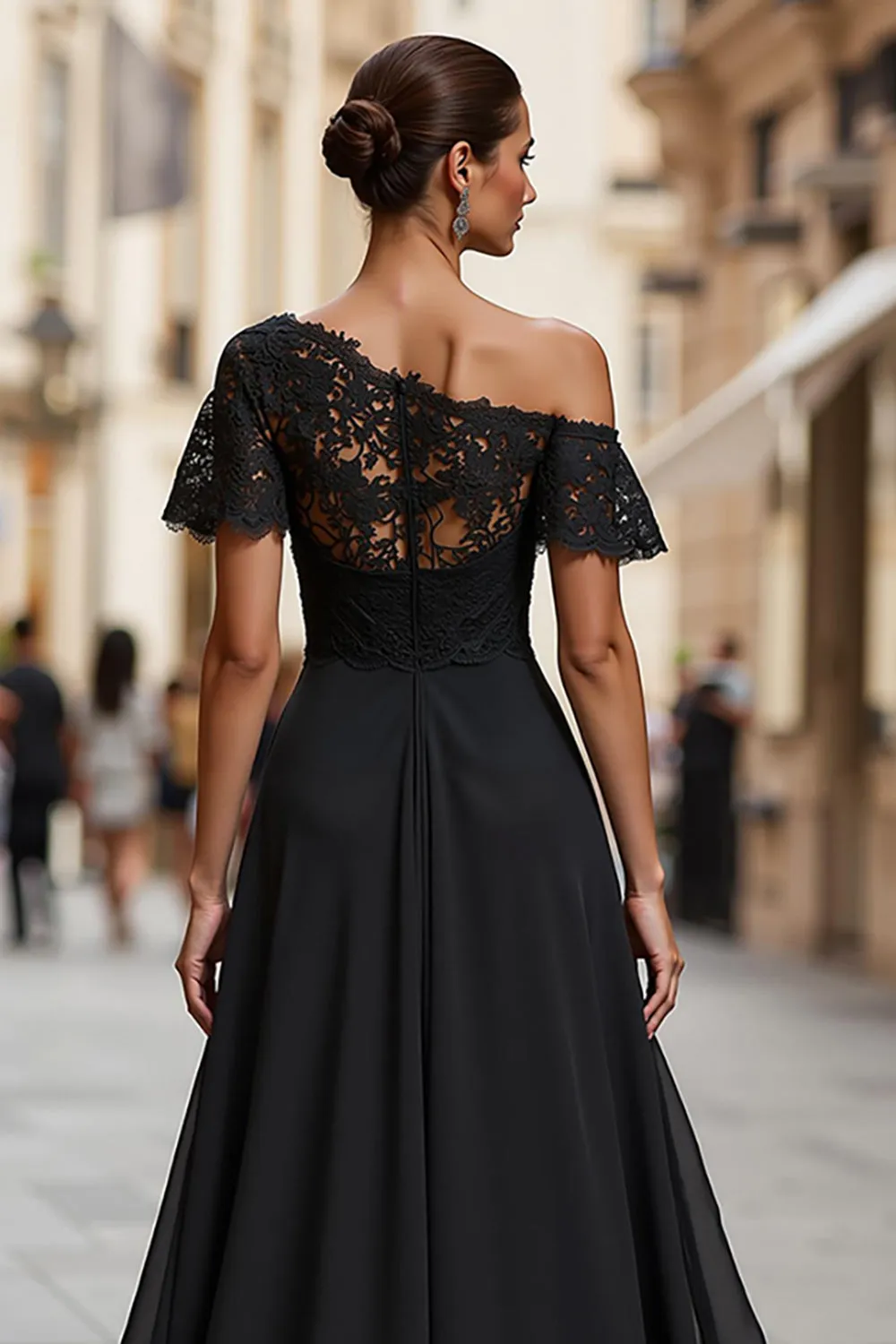 Black One Shoulder Ruched Long Mother of the Bride Dress with Lace sold by Zapaka product image thumbnail 4