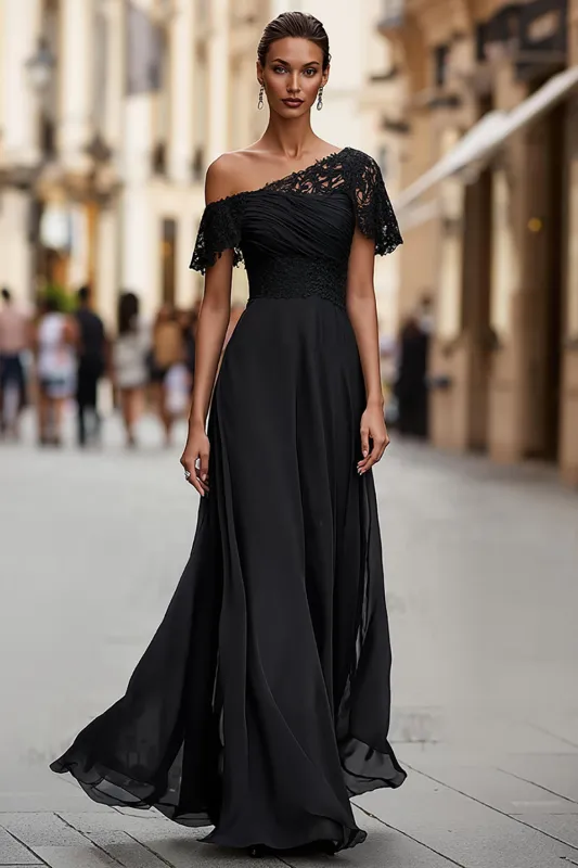 Black One Shoulder Ruched Long Mother of the Bride Dress with Lace sold by Zapaka