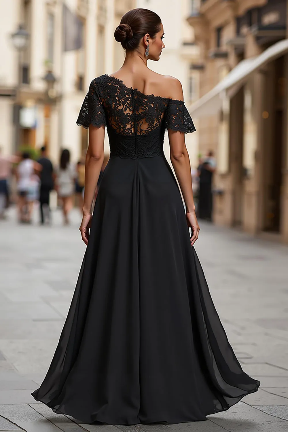 Black One Shoulder Ruched Long Mother of the Bride Dress with Lace sold by Zapaka product image thumbnail 2