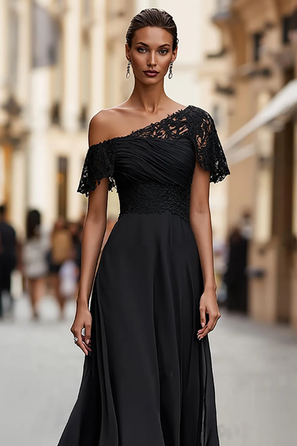 Black One Shoulder Ruched Long Mother of the Bride Dress with Lace sold by Zapaka product image thumbnail 3
