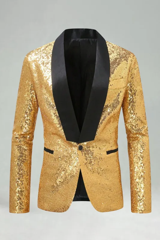 Sparkly Golden Shawl Lapel Single Buckle Men's Prom Blazer sold by Zapaka