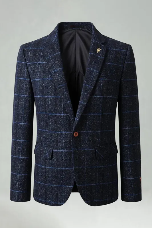 Checkered Notched Lapel Navy Men's Prom Blazer sold by Zapaka