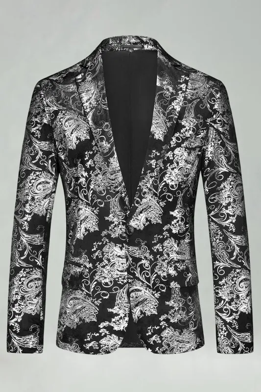 Notched Lapel Silver Jacquard Men's Prom Blazer sold by Zapaka