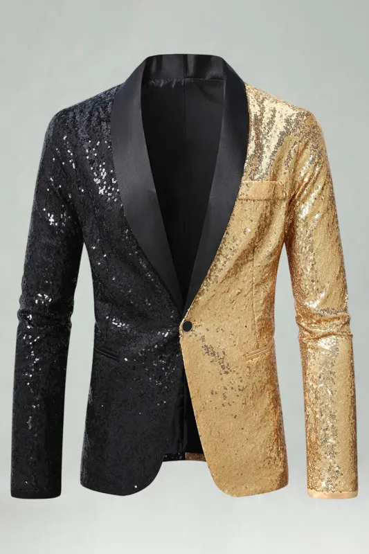 Sparkly Black Golden Shawl Lapel Single Buckle Men's Prom Blazer sold by Zapaka