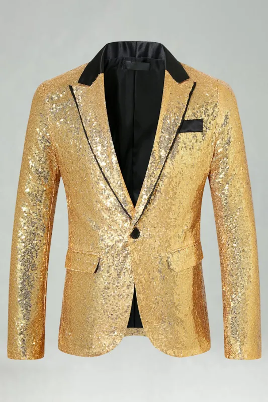 Sparkly Gold Peak Lapel Men's Prom Blazer sold by Zapaka
