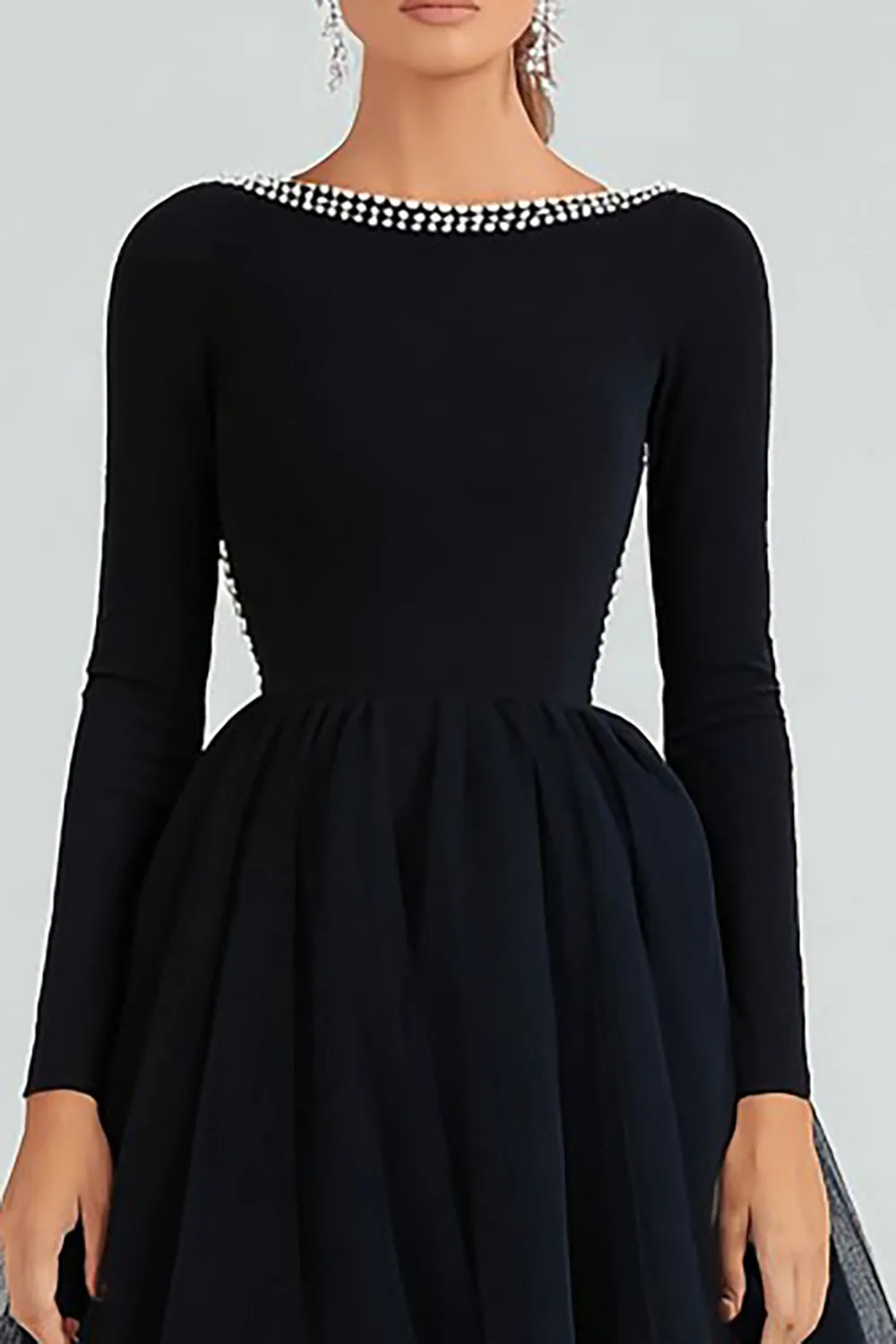 Black A Line Beaded Round Neck Long Sleeve Formal Dress sold by Zapaka product image thumbnail 2