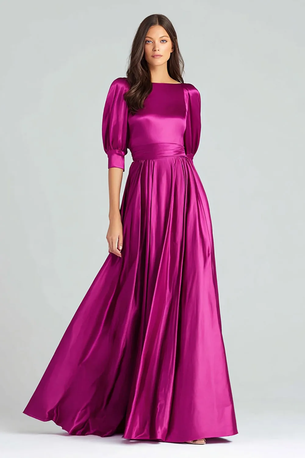 Fuchsia Satin Half Sleeves A Line Long Formal Dress sold by Zapaka