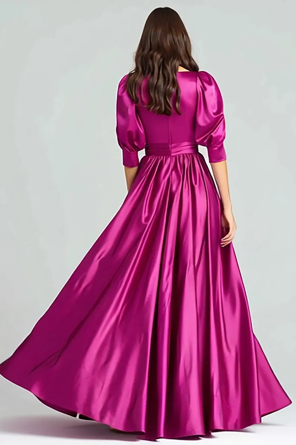 Fuchsia Satin Half Sleeves A Line Long Formal Dress sold by Zapaka product image thumbnail 2