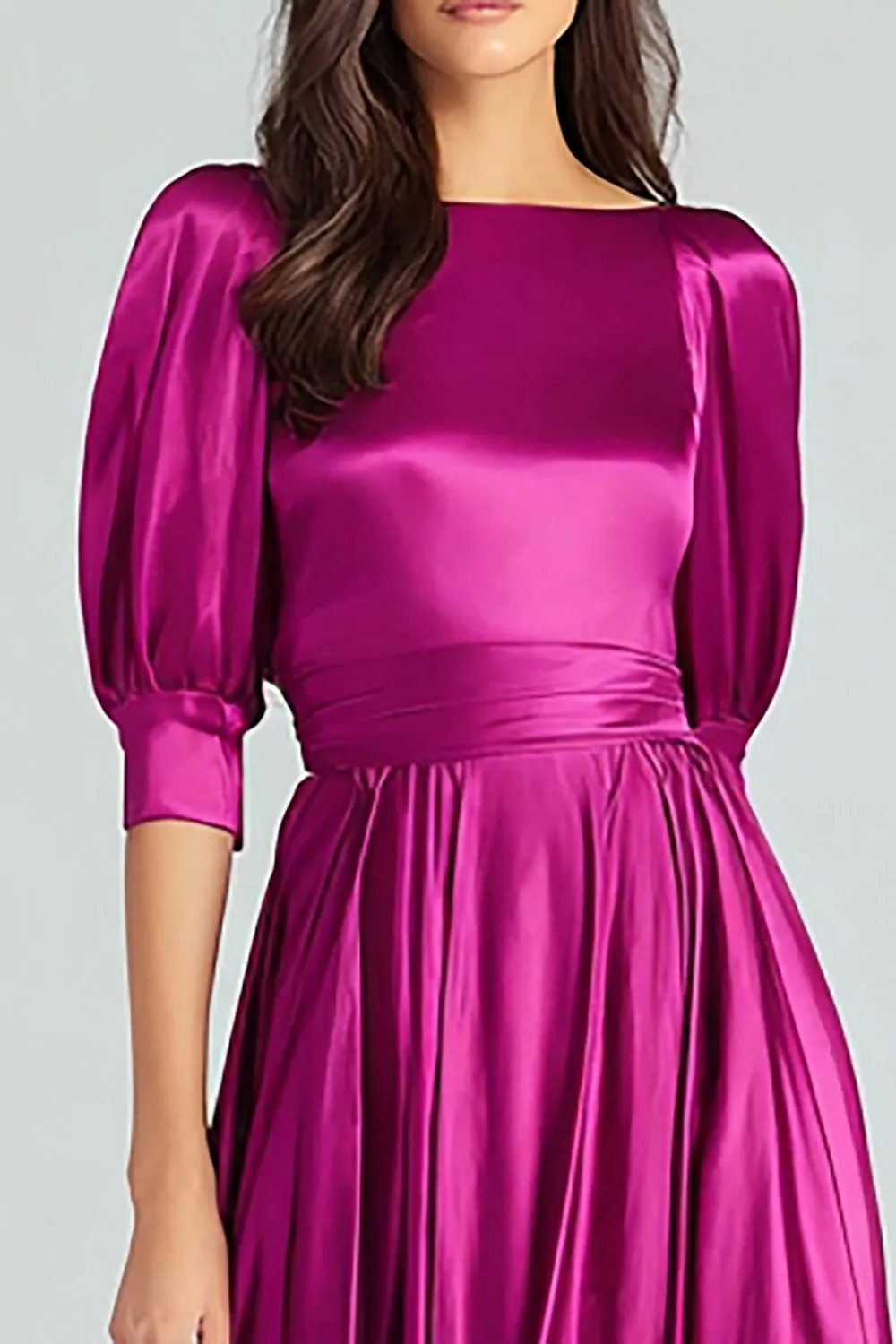 Fuchsia Satin Half Sleeves A Line Long Formal Dress sold by Zapaka product image thumbnail 3