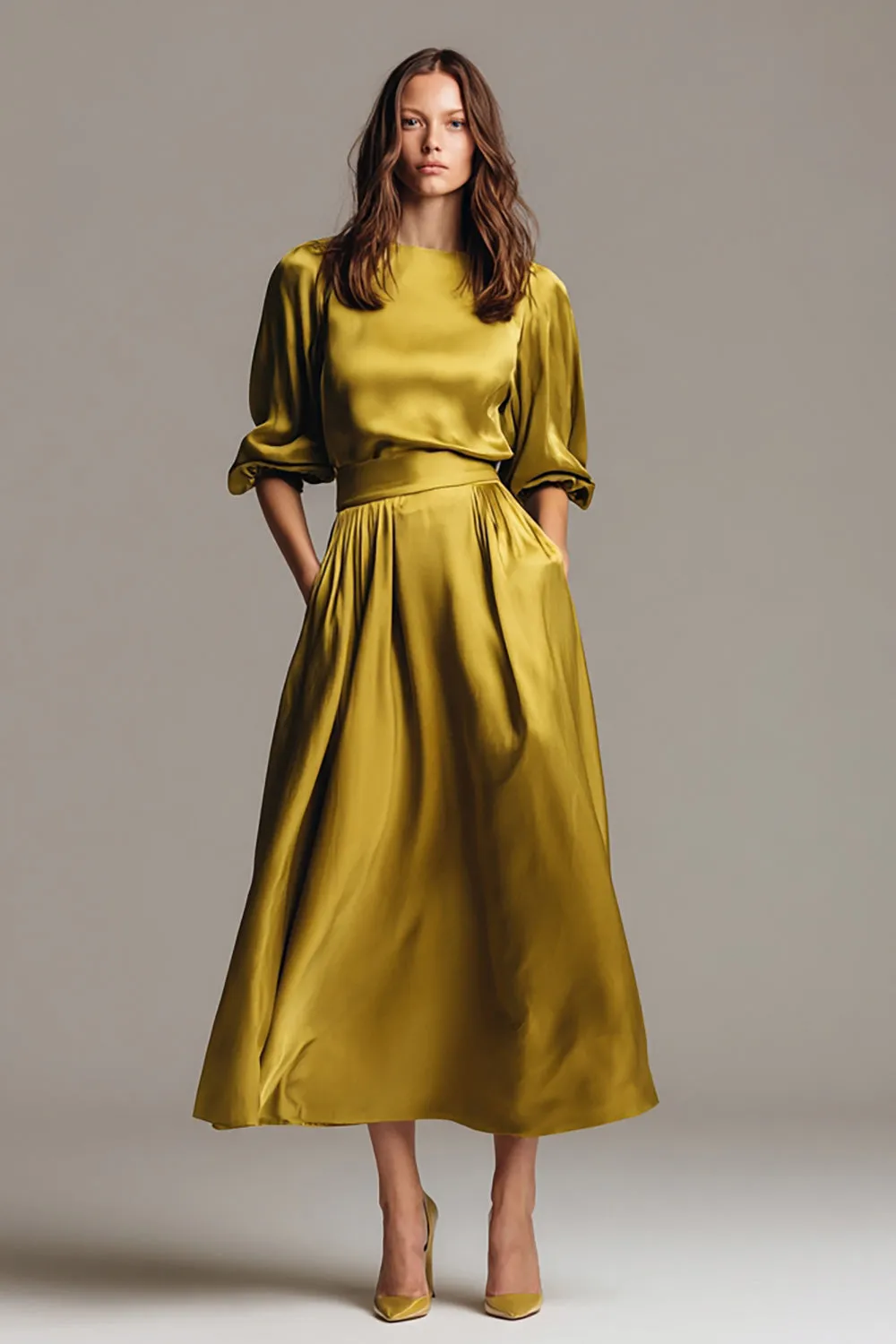 Coffee Boat Neck Satin Midi Formal Dress sold by Zapaka product image thumbnail 3
