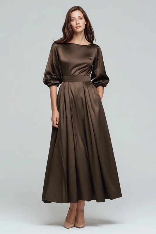 Coffee Boat Neck Satin Midi Formal Dress sold by Zapaka