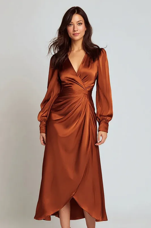 Rust Satin A Line V-Neck Midi Formal Dress sold by Zapaka
