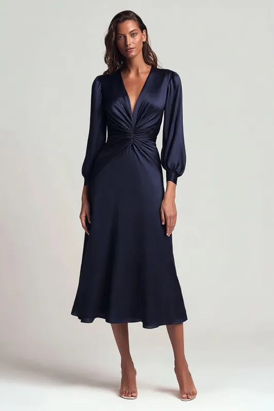 Navy Satin V Neck Ruched Long Sleeves Formal Dress sold by Zapaka