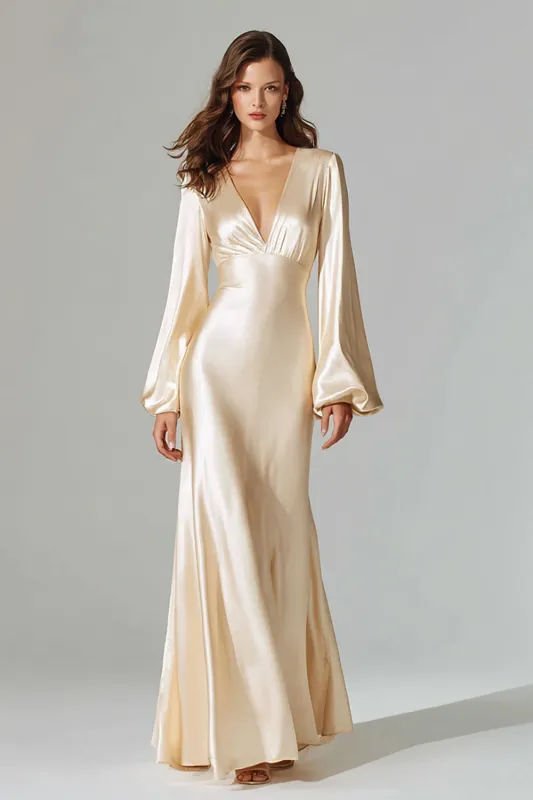 Champagne V-Neck Satin Sheath Long Formal Dress sold by Zapaka