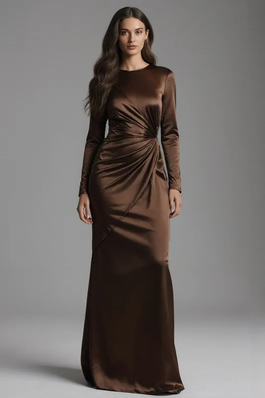 Coffee Sheath Satin Ruched Long Sleeves Formal Dress sold by Zapaka